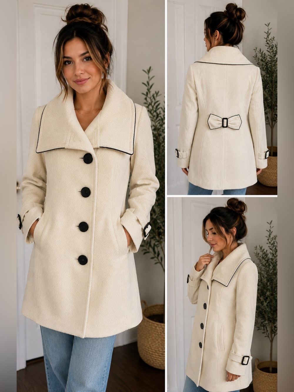 Sölá & Kyö Wool Blend Cream Coat Oversized Collar Bow Detail Size M Women’s